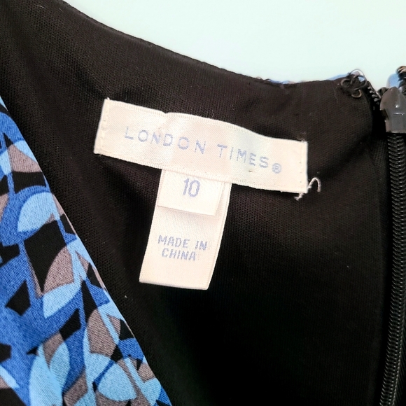 London Times Blue & Tan Sheer Ruffled Skirt V-Neck Sleeveless Midi Dress Size 10 - Picture 3 of 7